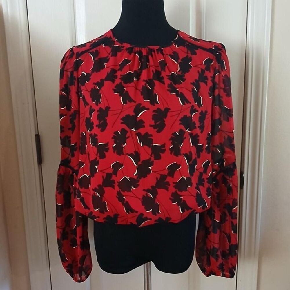Tommy Hilfiger red gold black abstract floral print puff sleeve blouse XS office